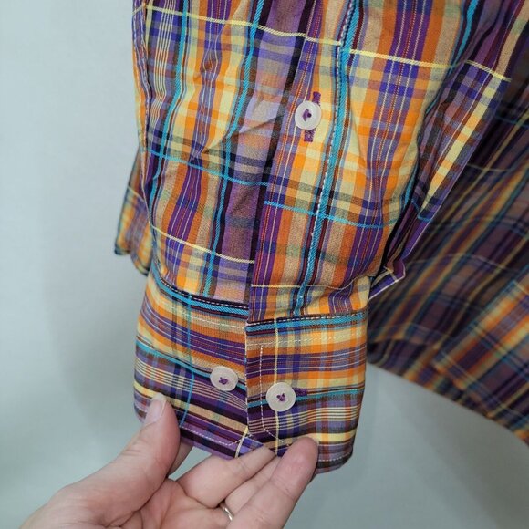Alan Flusser Shirt Mens L Purple Yellow Plaid Cotton Pocket Preppy Office Casual - Picture 5 of 11